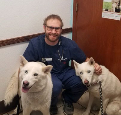 Dr. Sammy,vet at Eastwood Animal Clinic, with two husky dogs